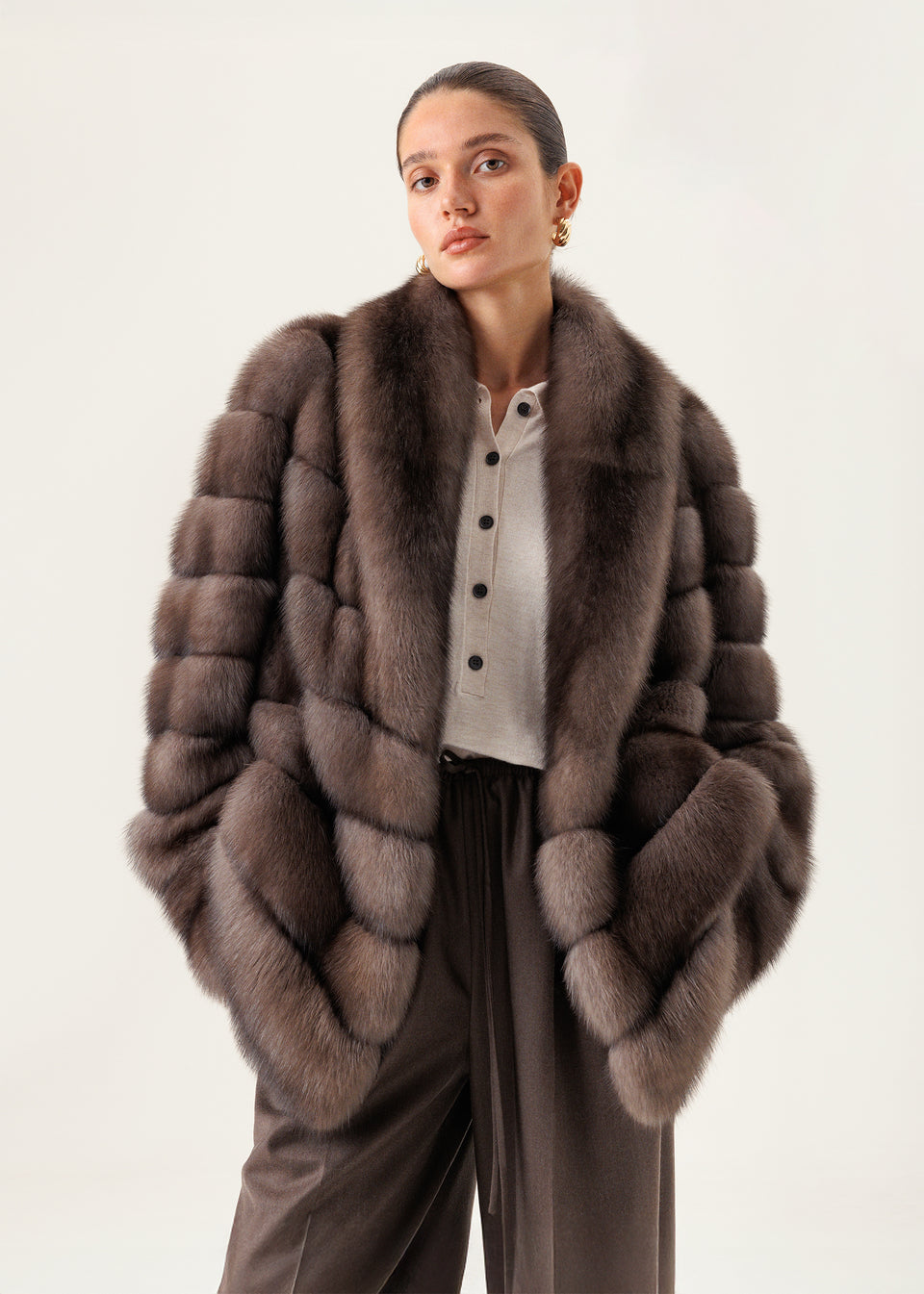 Shortened sable fur coat with full shawl collar and full cuffs