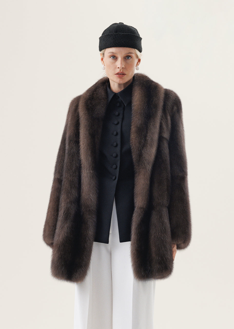 Shawl coat made of valuable sable fur with a long shawl collar that merges into a side panel